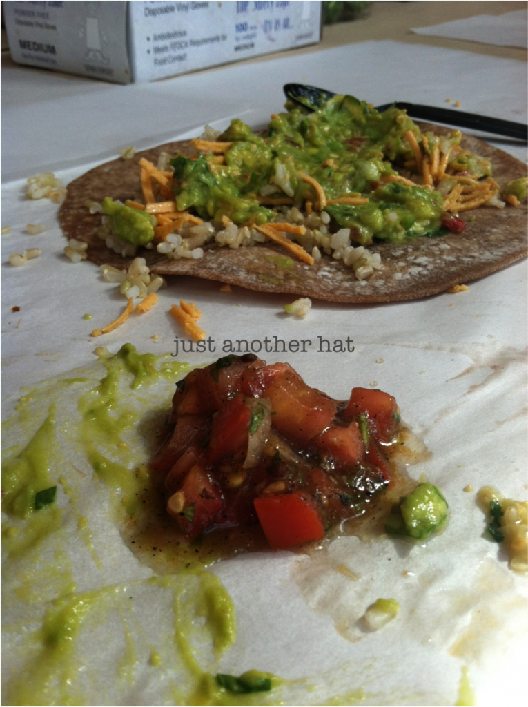 veggie burrito with guacamole and corn salsa