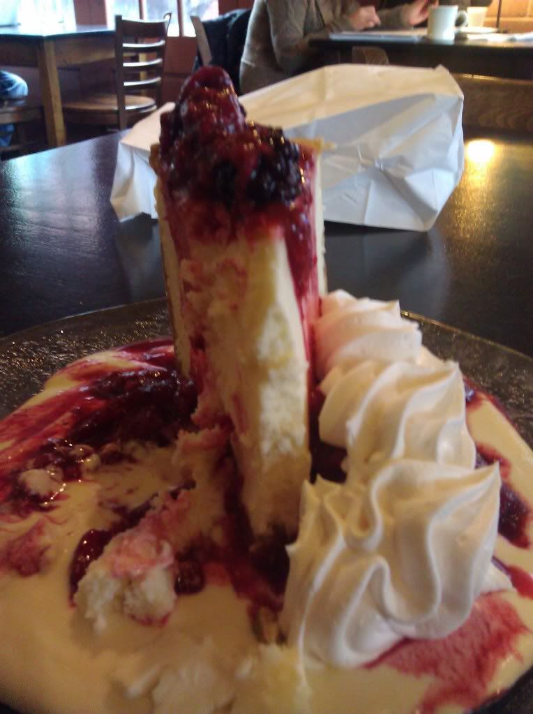 photo of a very large slab of cheesecake, topped with some berries and custard sauce!